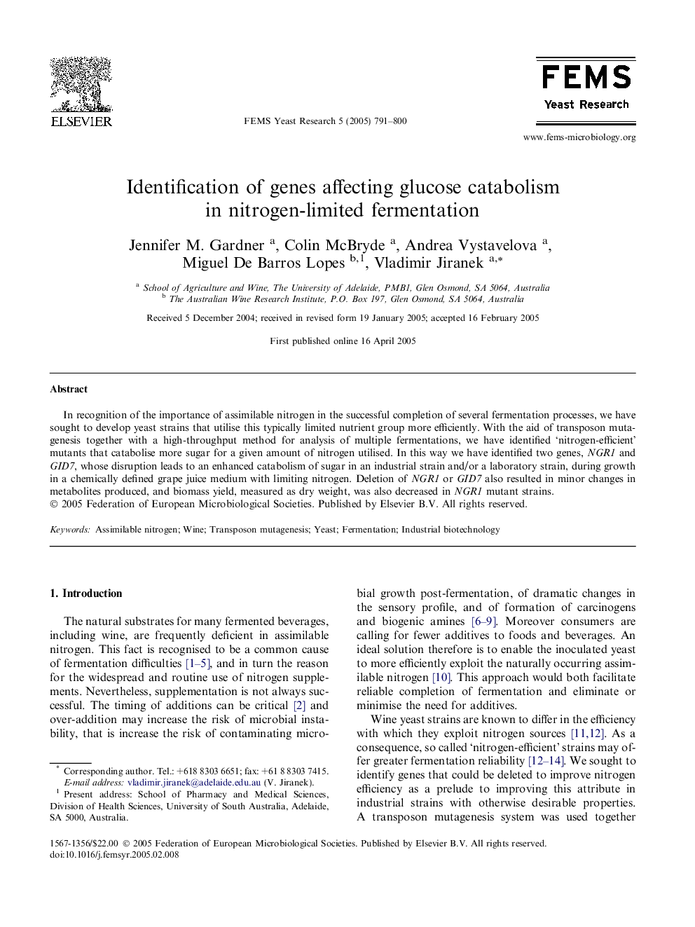 Identification of genes affecting glucose catabolism in nitrogen-limited fermentation