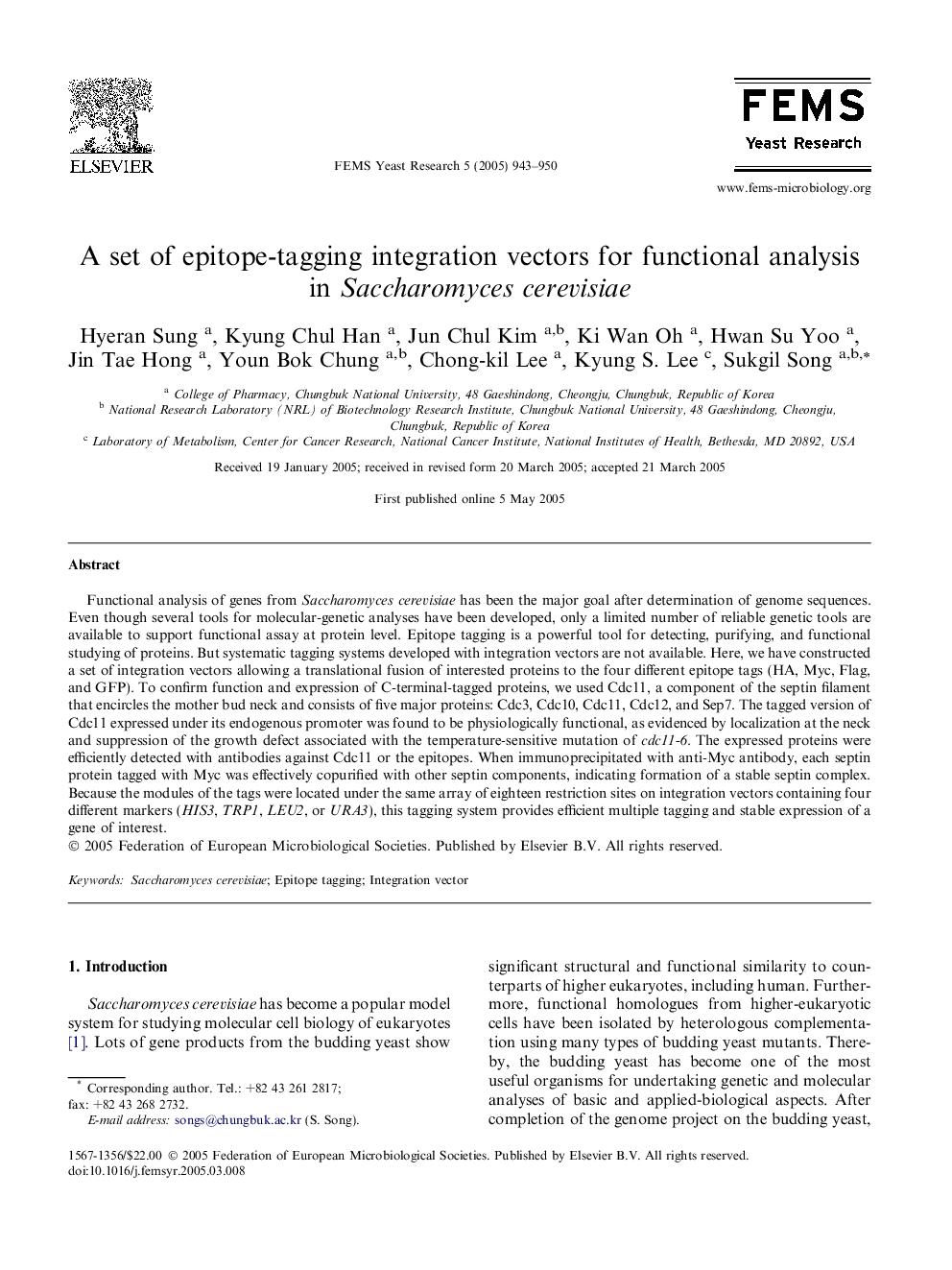 A set of epitope-tagging integration vectors for functional analysis in Saccharomyces cerevisiae