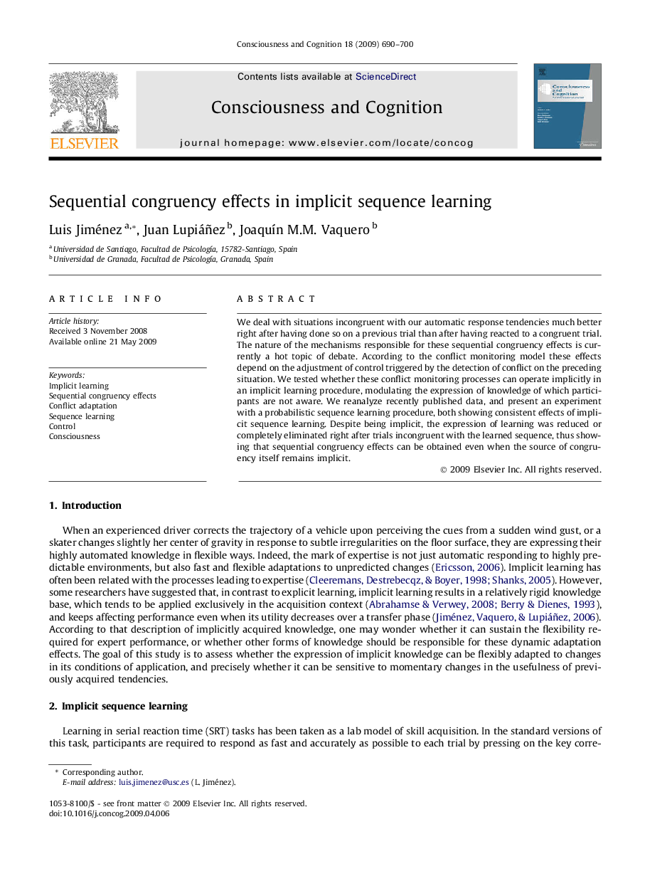 Sequential congruency effects in implicit sequence learning