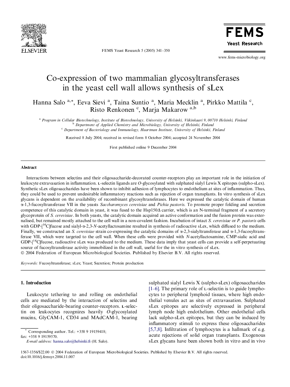 عکس صفحه اول مقاله: Co-expression of two mammalian glycosyltransferases in the yeast cell wall allows synthesis of sLex Co-expression of two mammalian glycosyltransferases in the yeast cell wall allows synthesis of sLex