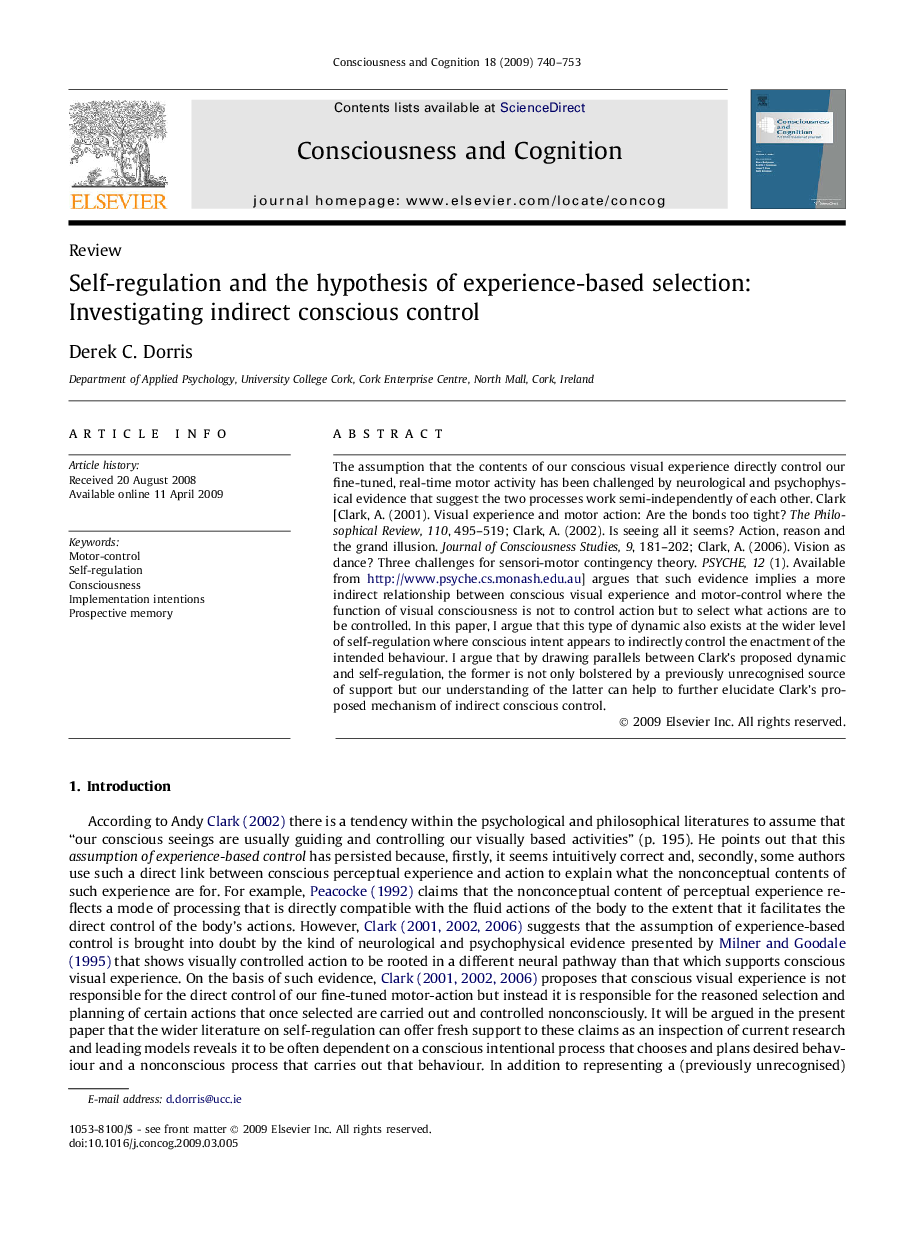 Self-regulation and the hypothesis of experience-based selection: Investigating indirect conscious control