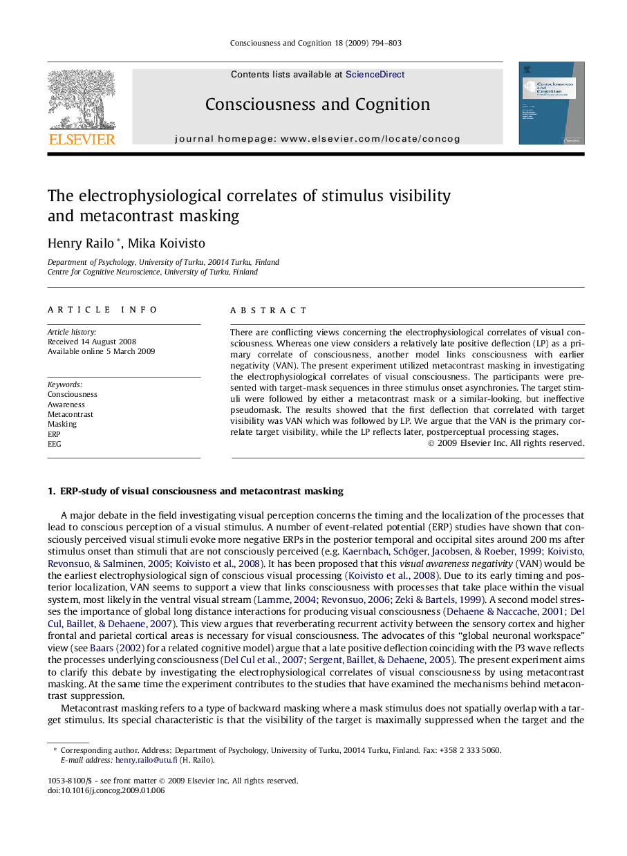 The electrophysiological correlates of stimulus visibility and metacontrast masking