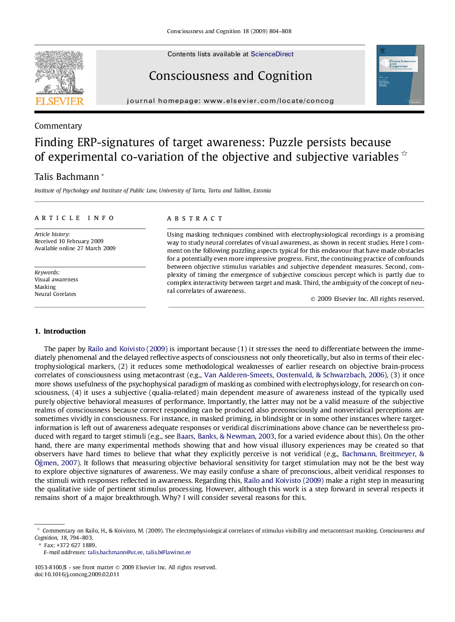 Finding ERP-signatures of target awareness: Puzzle persists because of experimental co-variation of the objective and subjective variables 