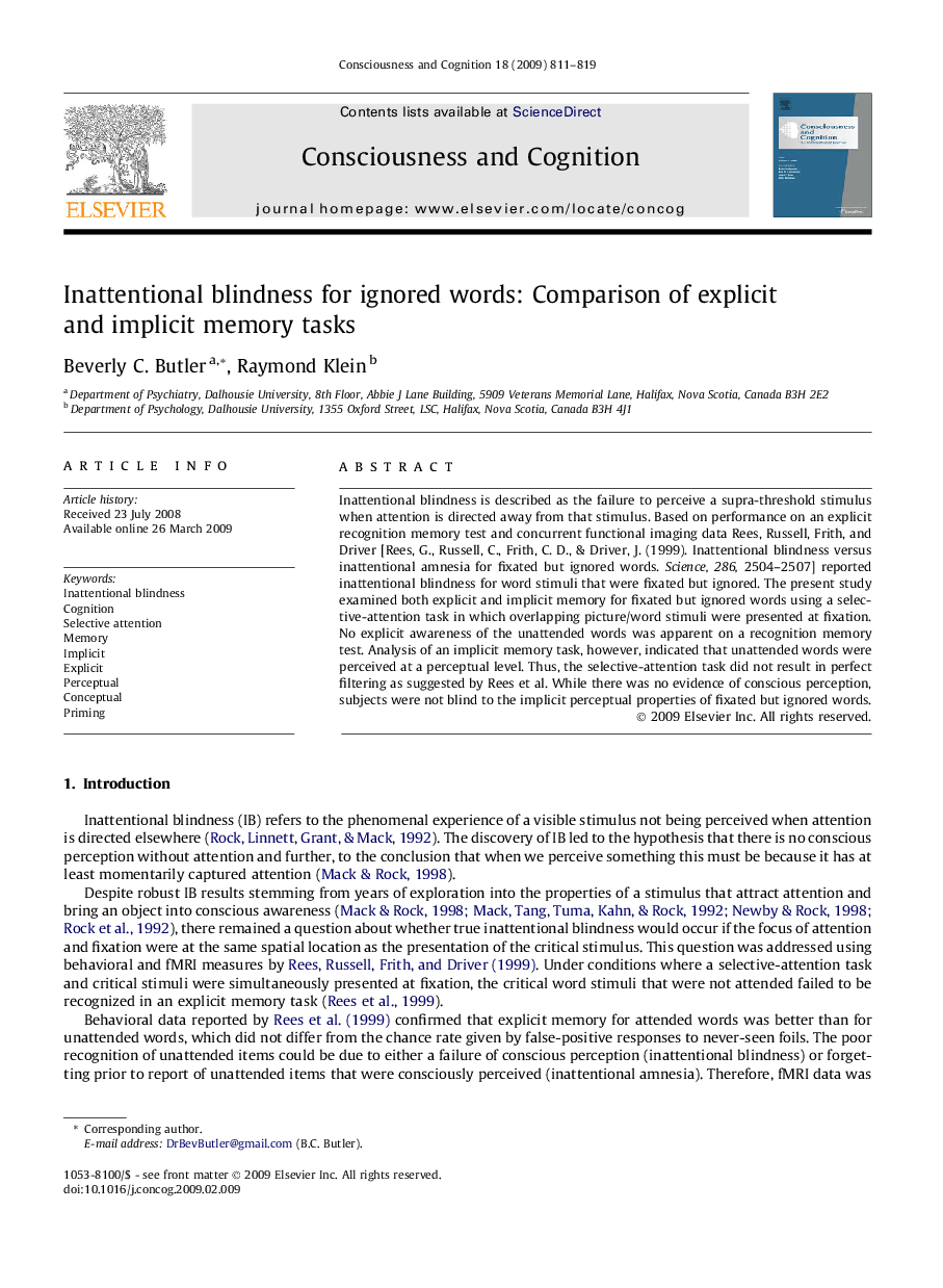 Inattentional blindness for ignored words: Comparison of explicit and implicit memory tasks