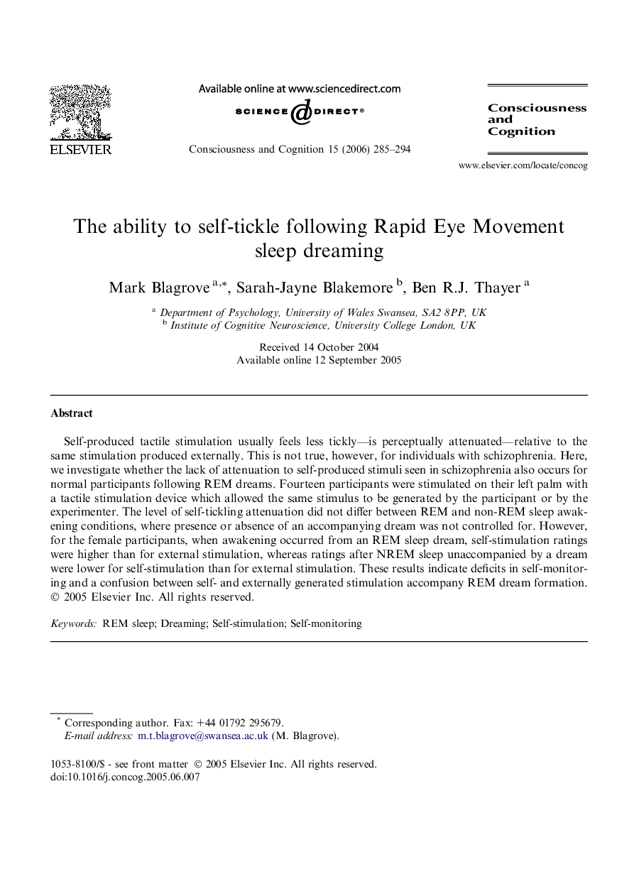 The ability to self-tickle following Rapid Eye Movement sleep dreaming