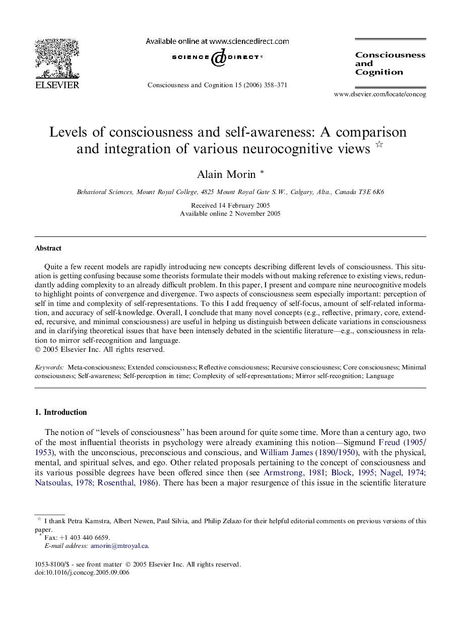 Levels of consciousness and self-awareness: A comparison and integration of various neurocognitive views 