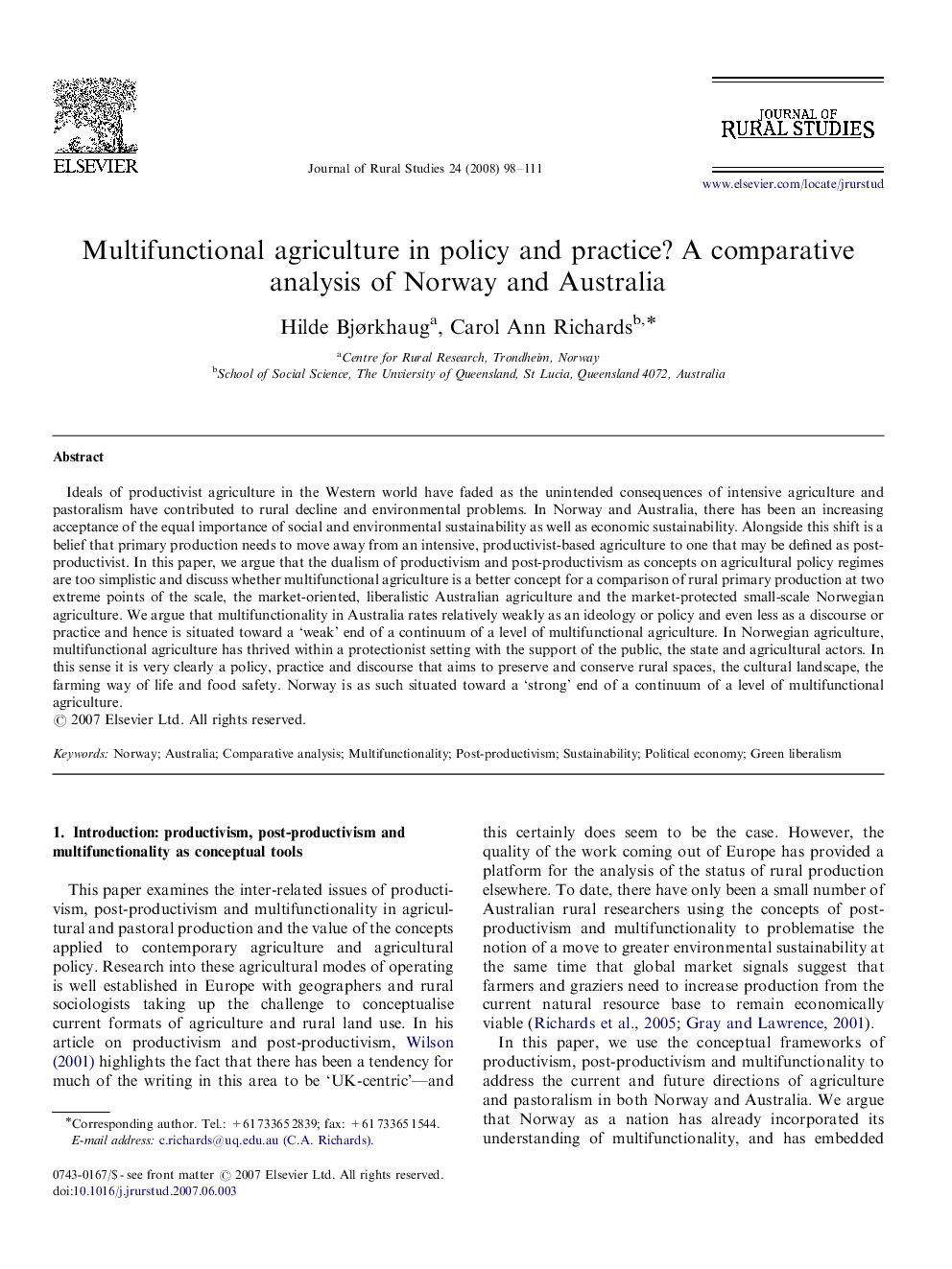 Multifunctional agriculture in policy and practice? A comparative analysis of Norway and Australia