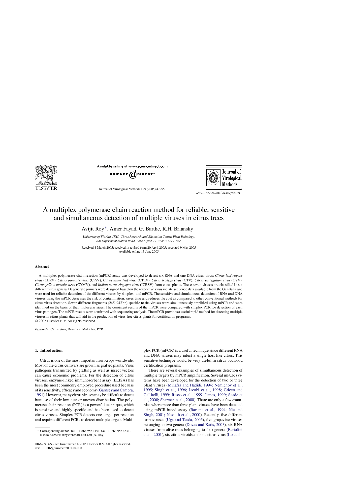 A multiplex polymerase chain reaction method for reliable, sensitive and simultaneous detection of multiple viruses in citrus trees