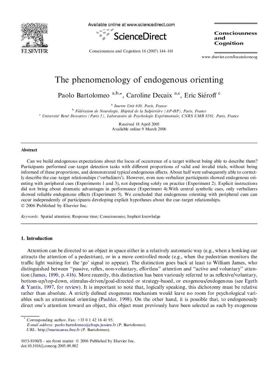 The phenomenology of endogenous orienting