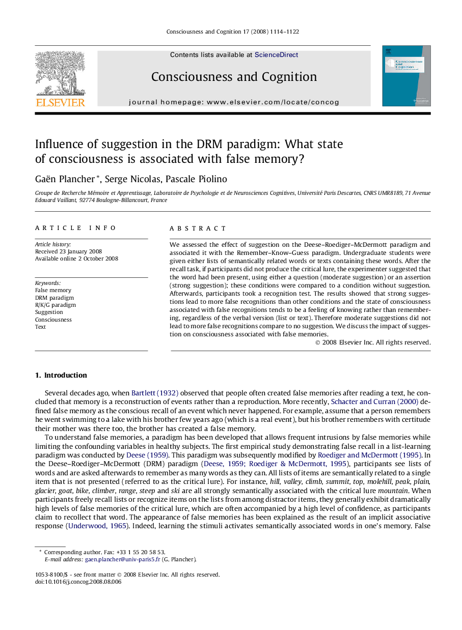 Influence of suggestion in the DRM paradigm: What state of consciousness is associated with false memory?