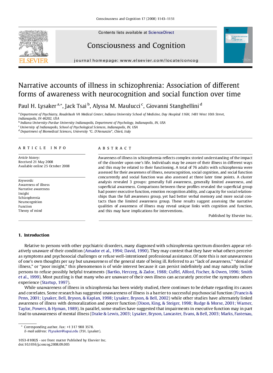 Narrative accounts of illness in schizophrenia: Association of different forms of awareness with neurocognition and social function over time