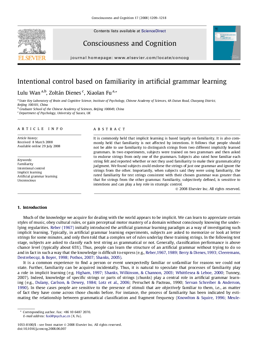 Intentional control based on familiarity in artificial grammar learning