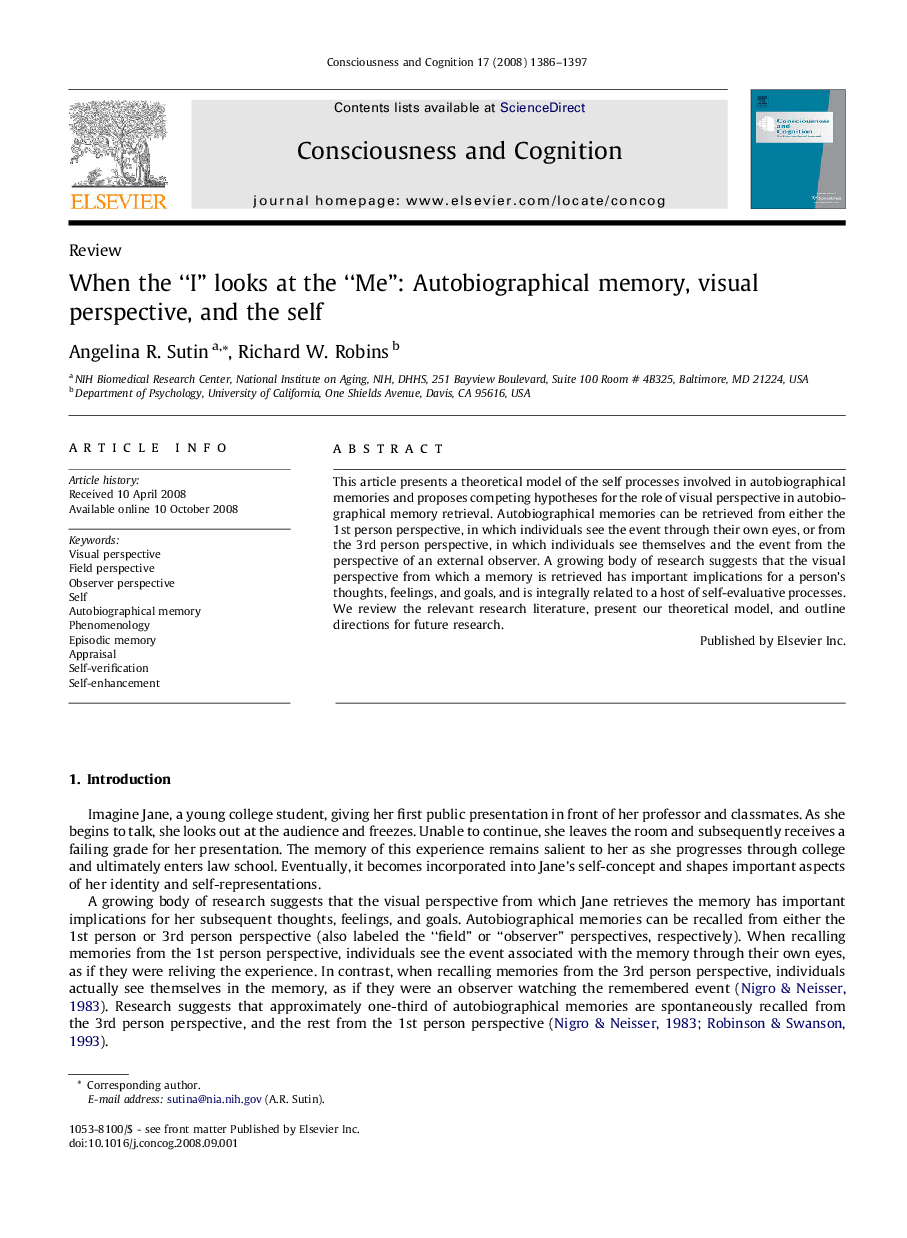 When the “I” looks at the “Me”: Autobiographical memory, visual perspective, and the self