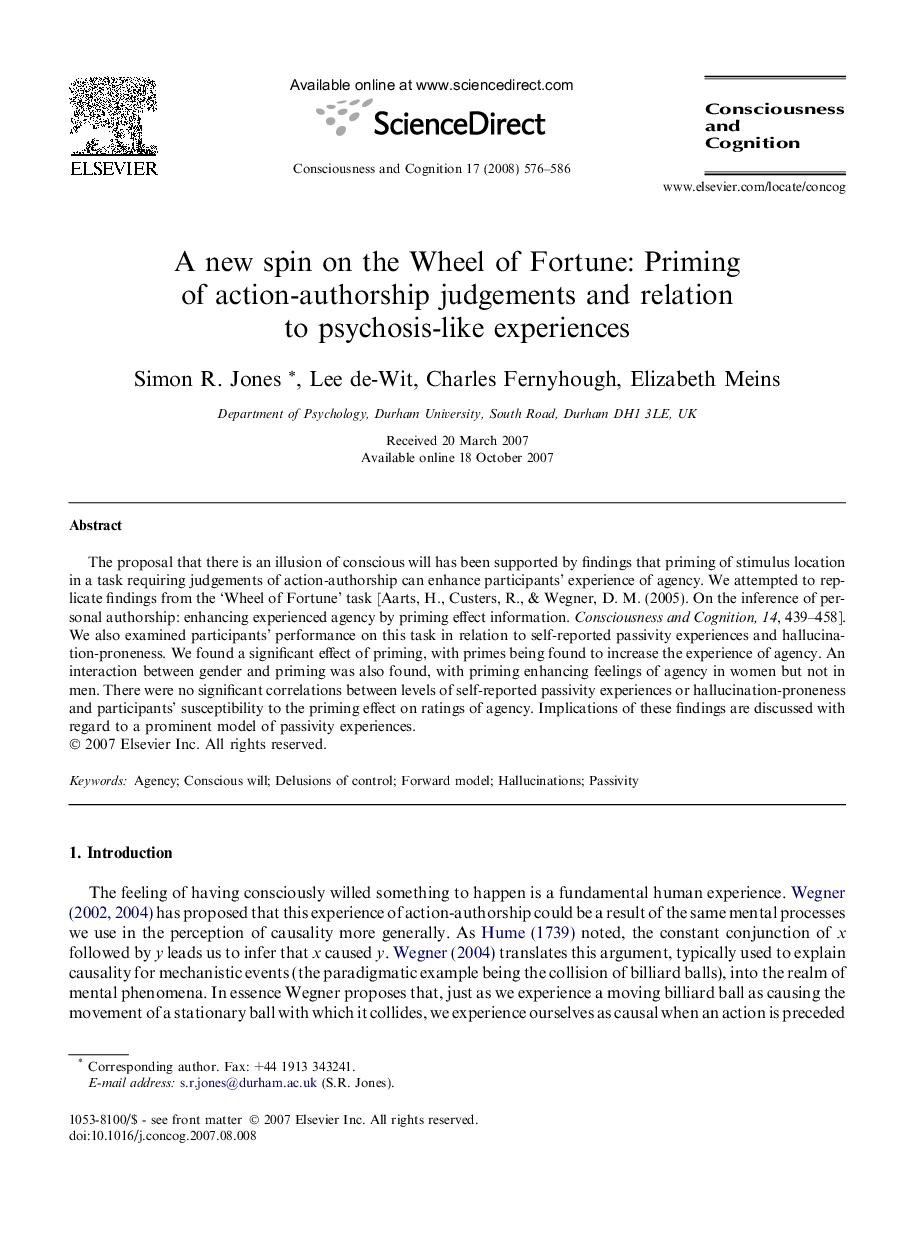 A new spin on the Wheel of Fortune: Priming of action-authorship judgements and relation to psychosis-like experiences