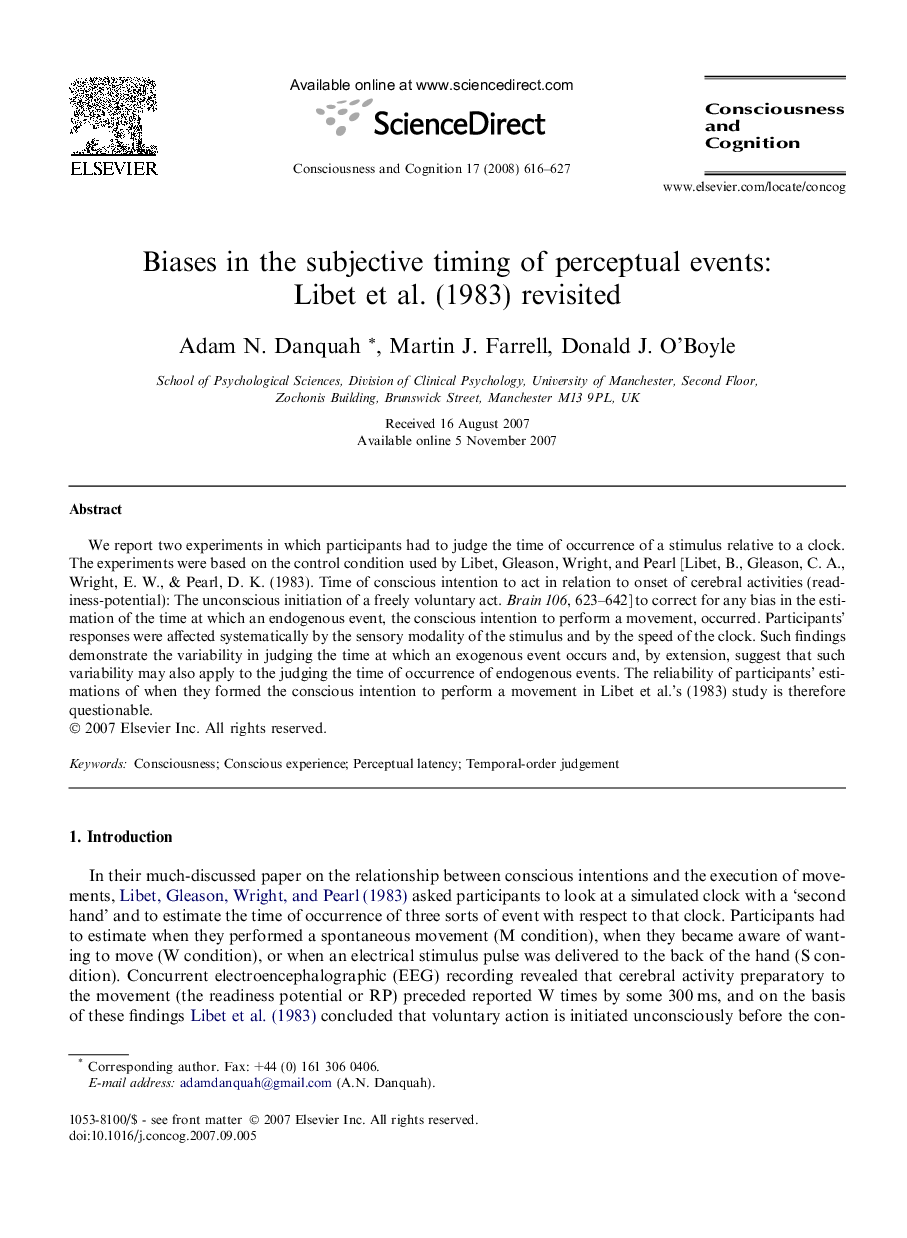 Biases in the subjective timing of perceptual events: Libet et al. (1983) revisited