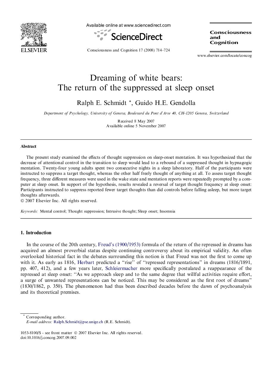 Dreaming of white bears: The return of the suppressed at sleep onset