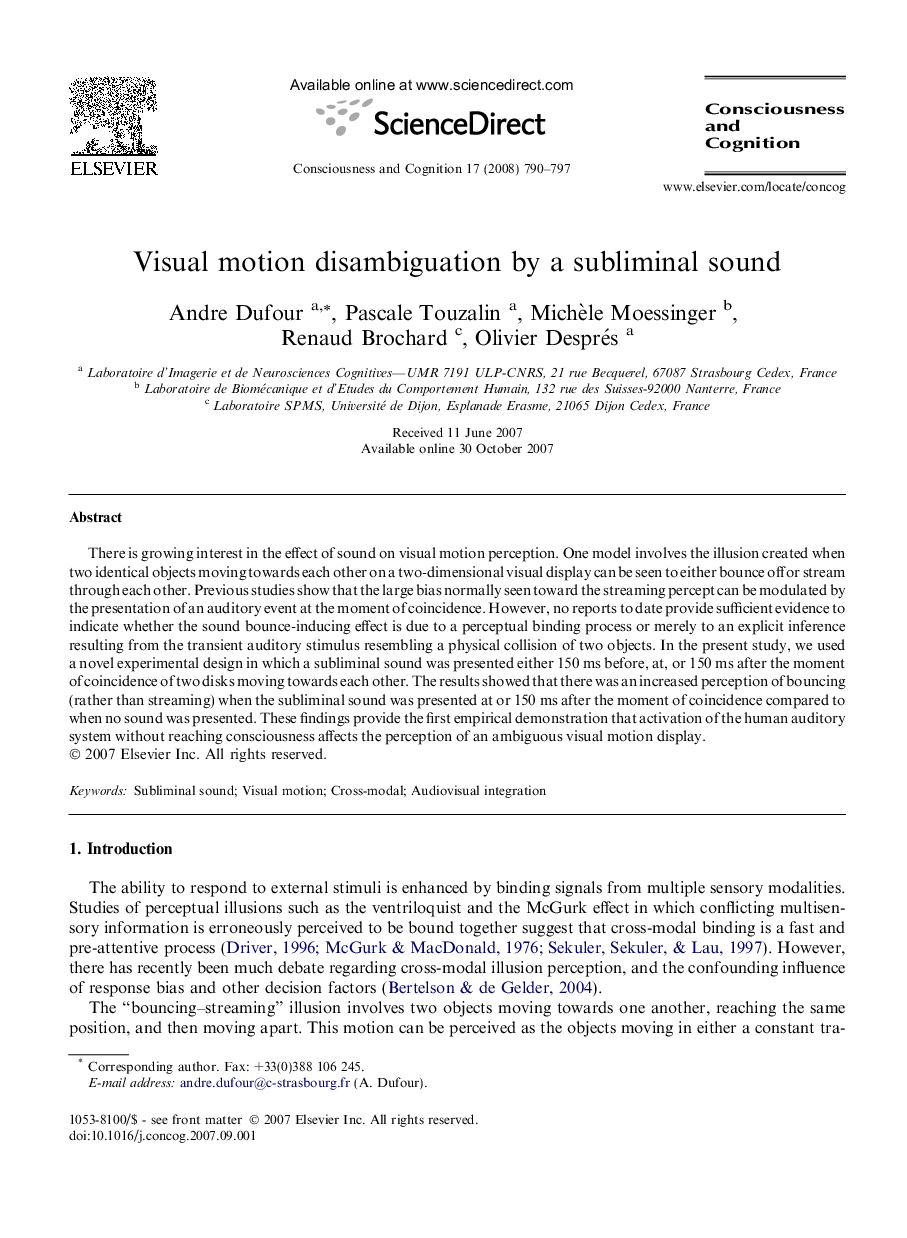 Visual motion disambiguation by a subliminal sound