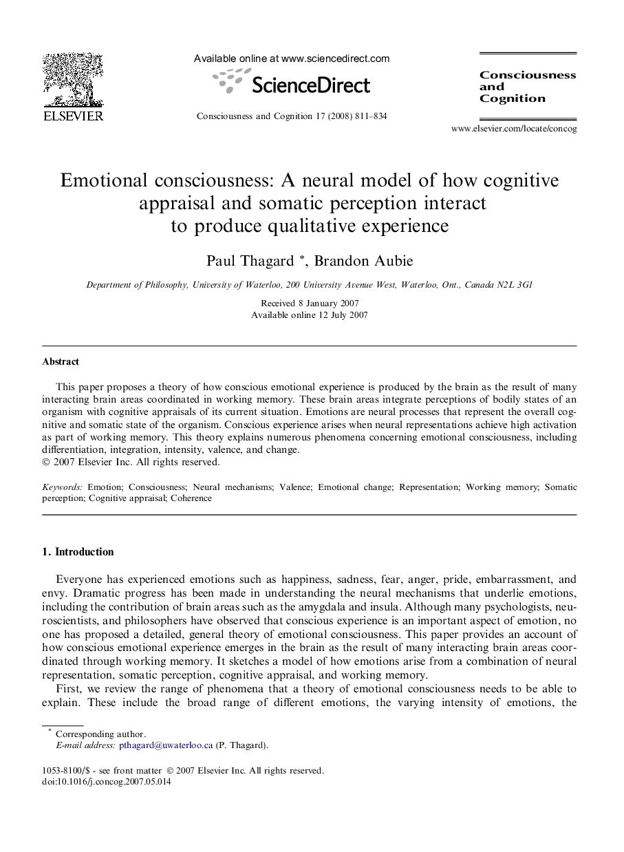 Emotional consciousness: A neural model of how cognitive appraisal and somatic perception interact to produce qualitative experience