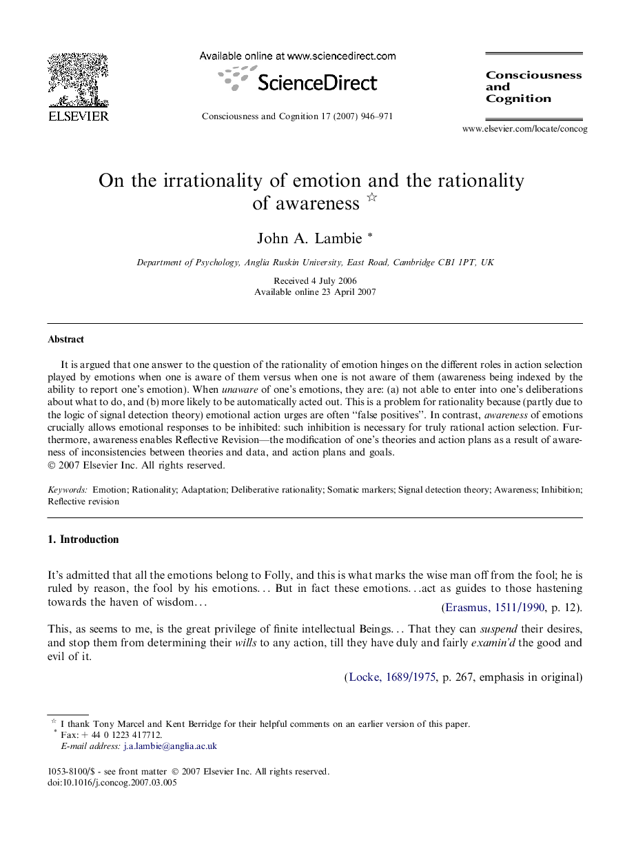 On the irrationality of emotion and the rationality of awareness 
