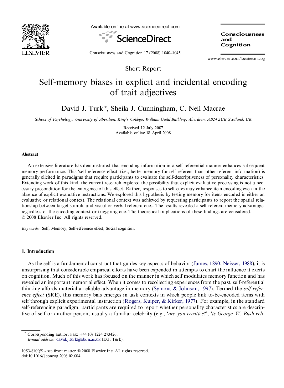 Self-memory biases in explicit and incidental encoding of trait adjectives