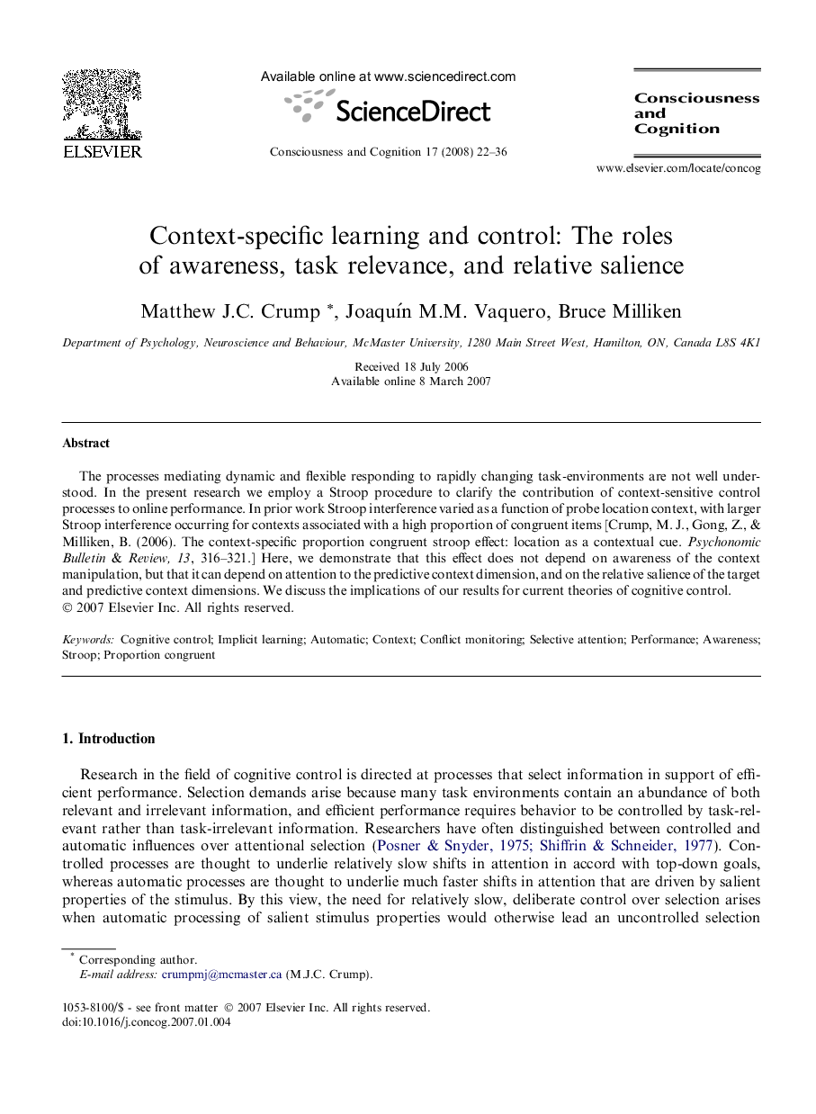 Context-specific learning and control: The roles of awareness, task relevance, and relative salience