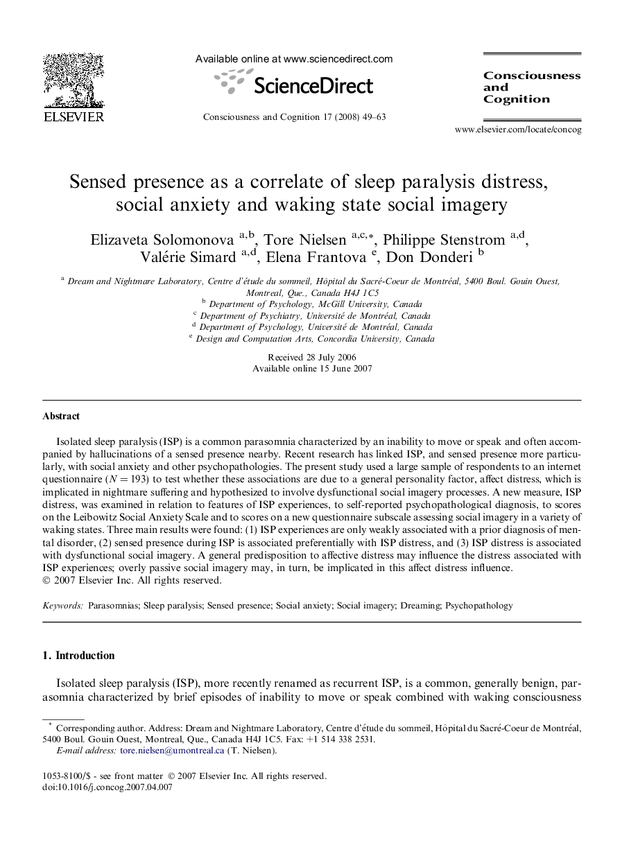 Sensed presence as a correlate of sleep paralysis distress, social anxiety and waking state social imagery