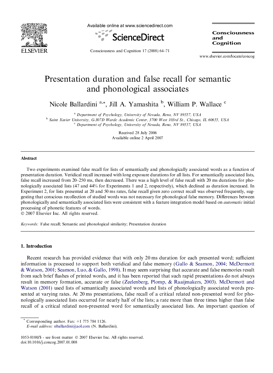 Presentation duration and false recall for semantic and phonological associates