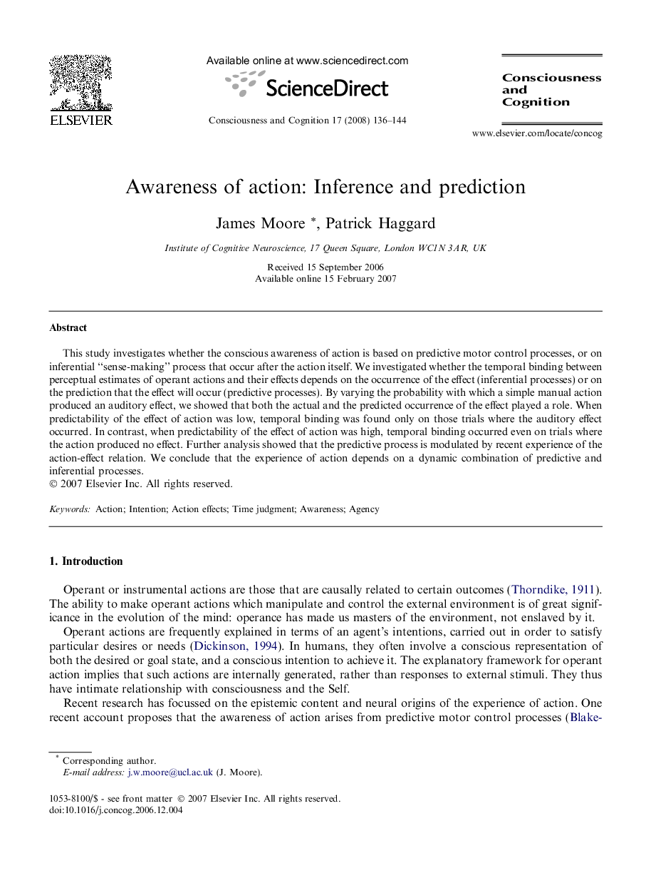 Awareness of action: Inference and prediction