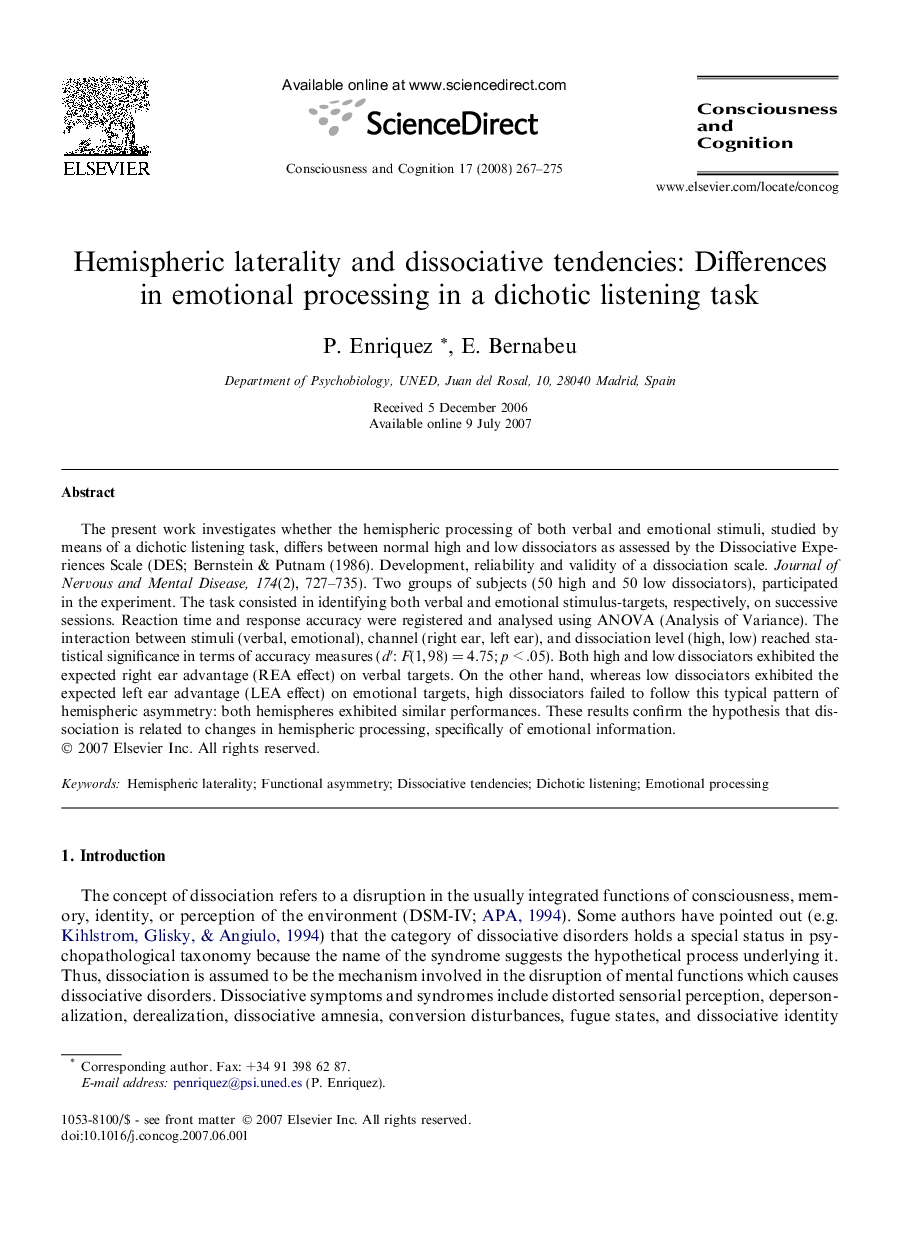 Hemispheric laterality and dissociative tendencies: Differences in emotional processing in a dichotic listening task