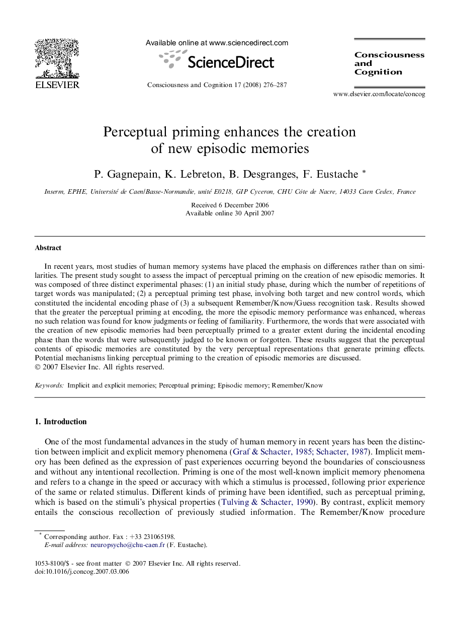 Perceptual priming enhances the creation of new episodic memories