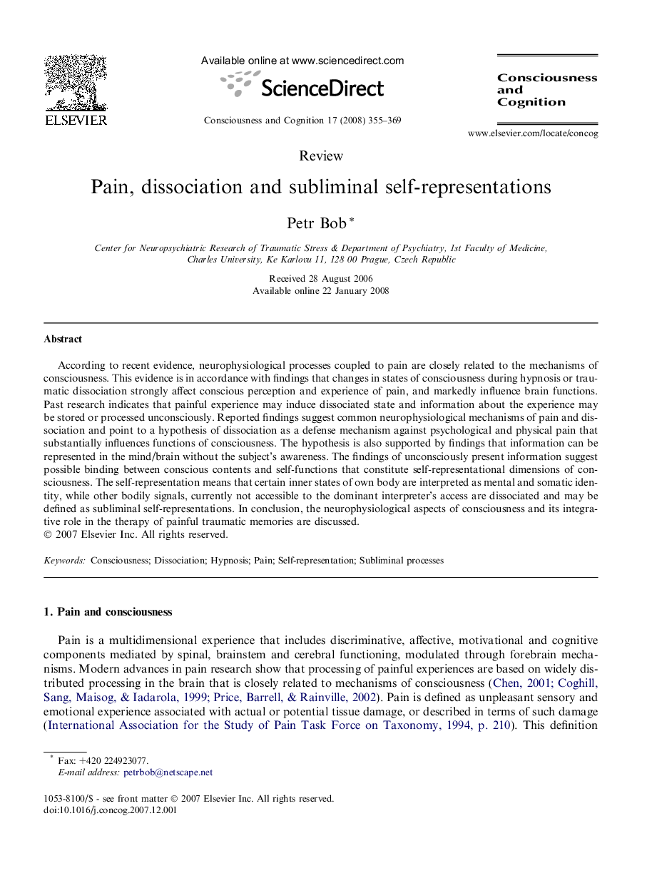 Pain, dissociation and subliminal self-representations