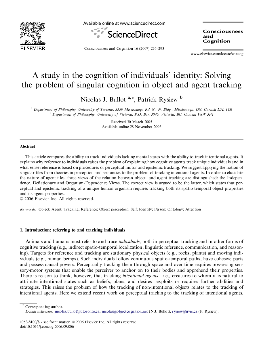 A study in the cognition of individuals’ identity: Solving the problem of singular cognition in object and agent tracking