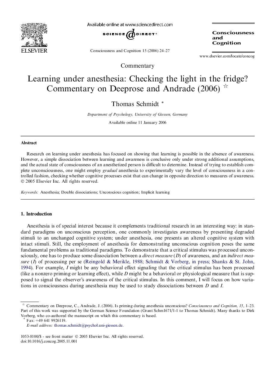 Learning under anesthesia: Checking the light in the fridge? Commentary on Deeprose and Andrade (2006) 