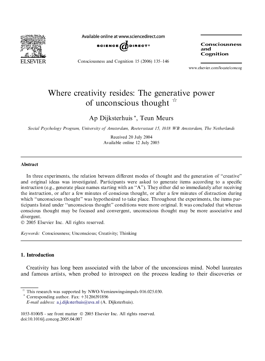 Where creativity resides: The generative power of unconscious thought 