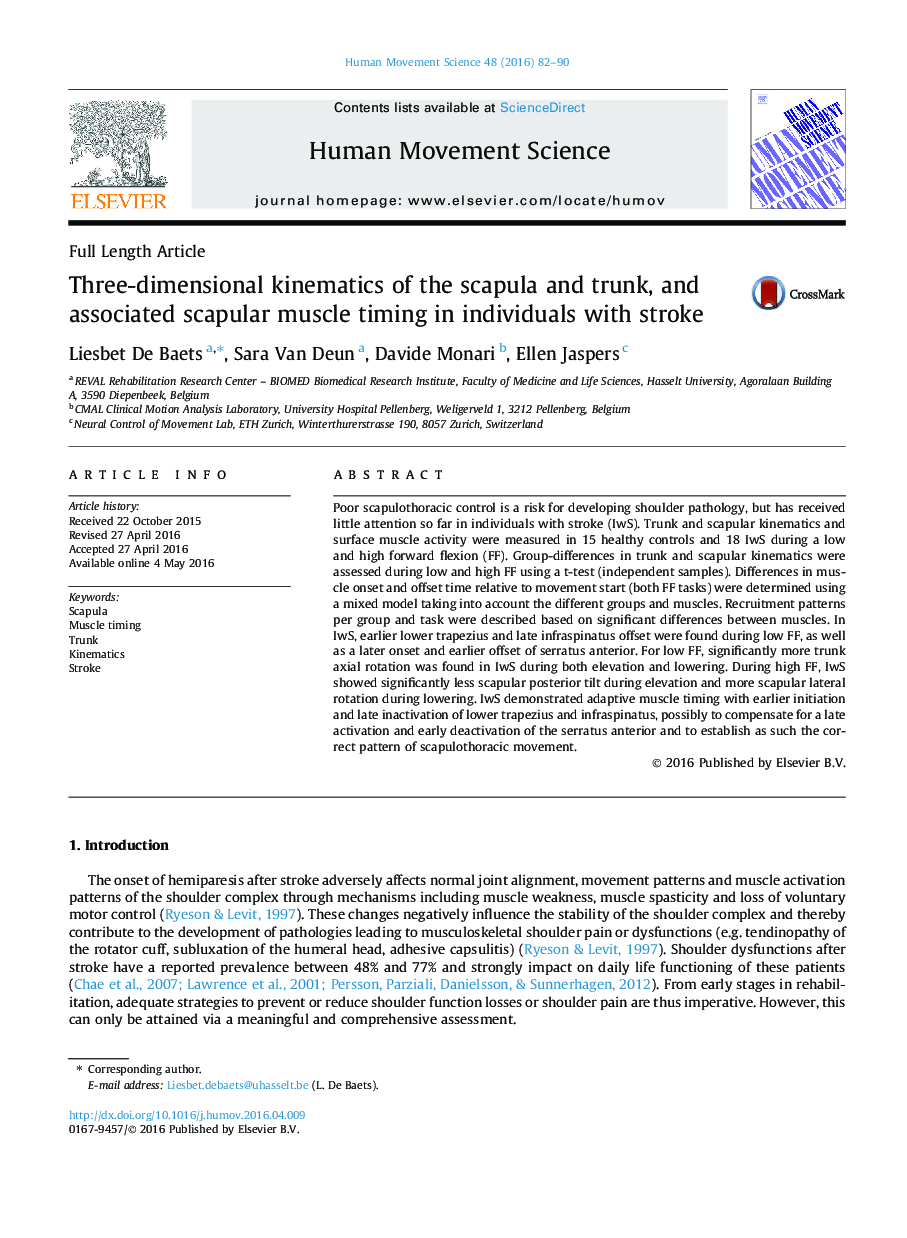 Three-dimensional kinematics of the scapula and trunk, and associated scapular muscle timing in individuals with stroke