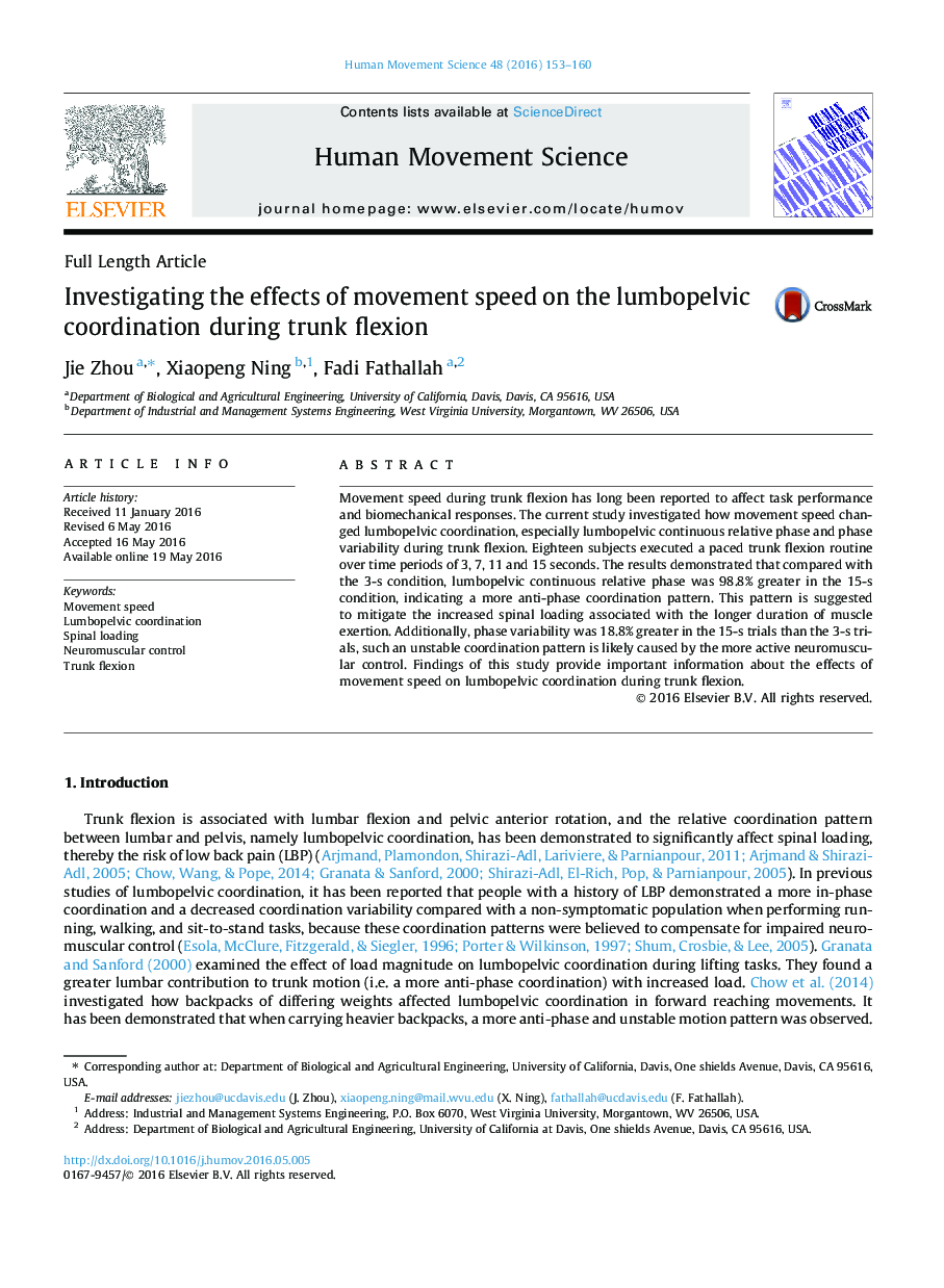 Investigating the effects of movement speed on the lumbopelvic coordination during trunk flexion