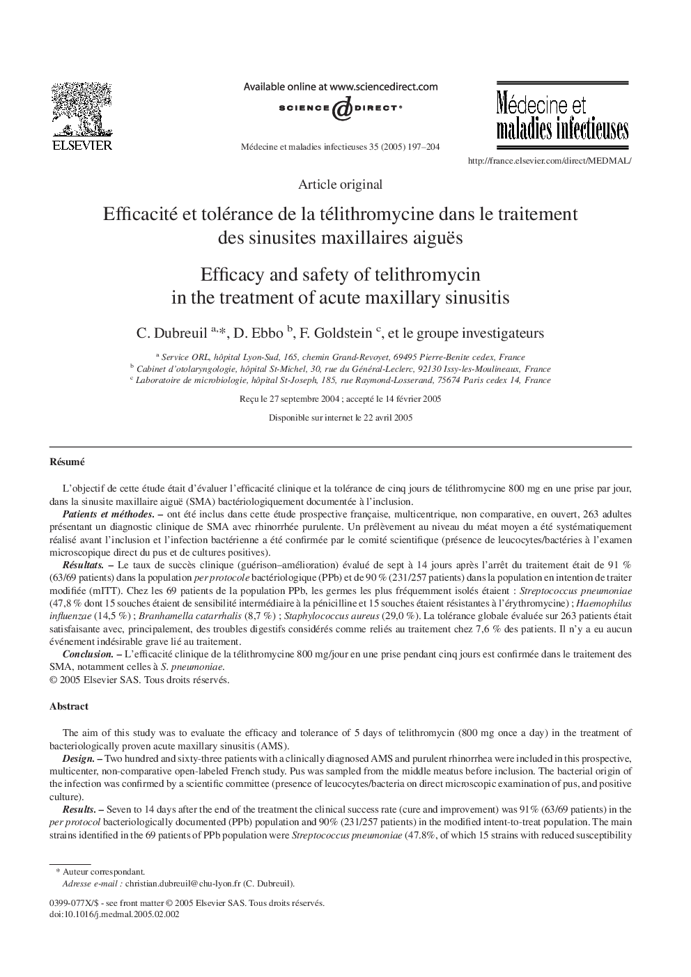 عکس صفحه اول مقاله: Efficacité et tolérance de la télithromycine dans le traitement des sinusites maxillaires aiguës Efficacité et tolérance de la télithromycine dans le traitement des sinusites maxillaires aiguës