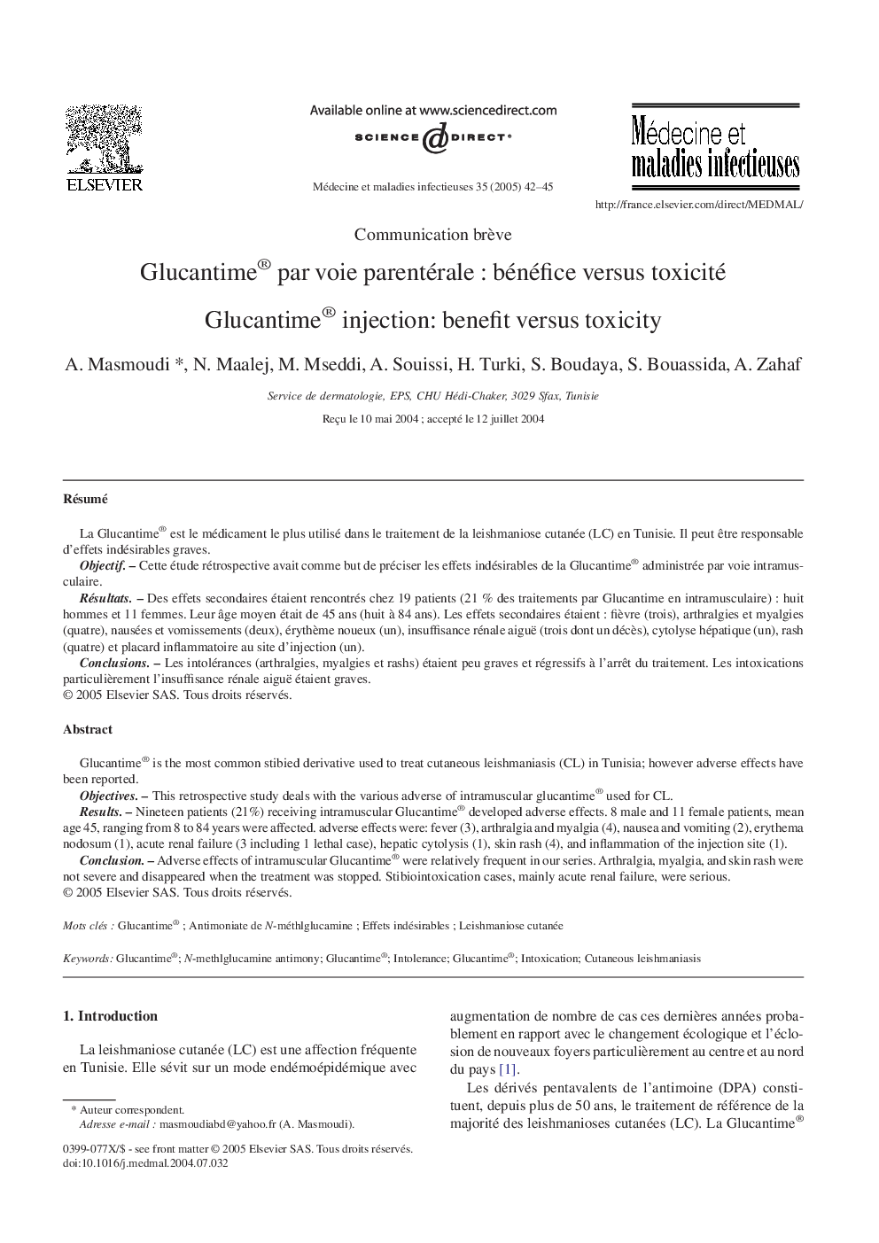 Glucantime® par voie parentérale : bénéfice versus toxicité