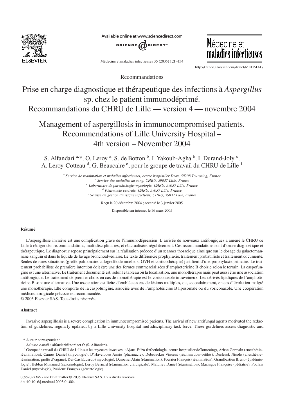 Prise en charge diagnostique et thérapeutique des infections Ã  Aspergillus sp. chez le patient immunodéprimé. Recommandations du CHRU de Lille - version 4 - novembre 2004