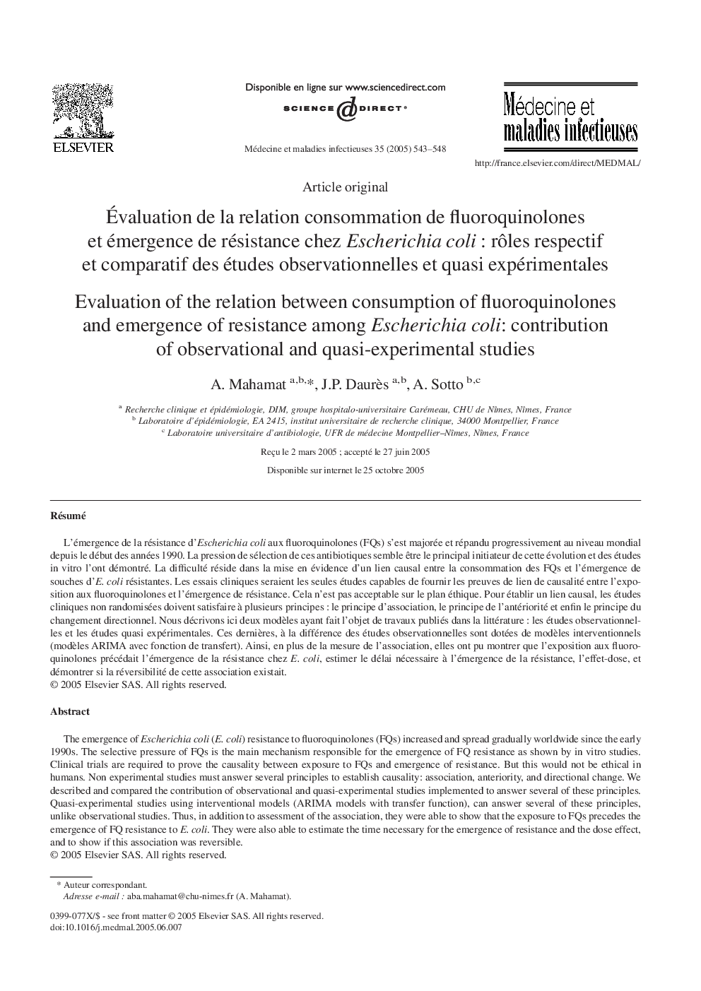 Ãvaluation de la relation consommation de fluoroquinolones et émergence de résistance chez EscherichiaÂ coliÂ : rÃ´les respectif et comparatif des études observationnelles et quasi expérimentales