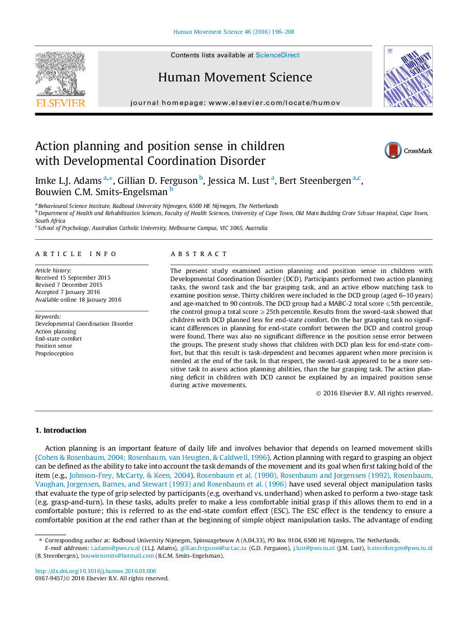 Action planning and position sense in children with Developmental Coordination Disorder