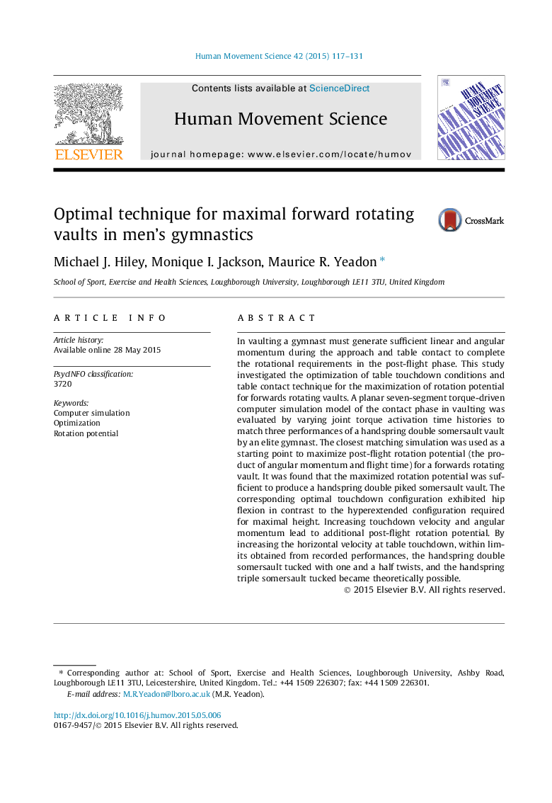 Optimal technique for maximal forward rotating vaults in men’s gymnastics