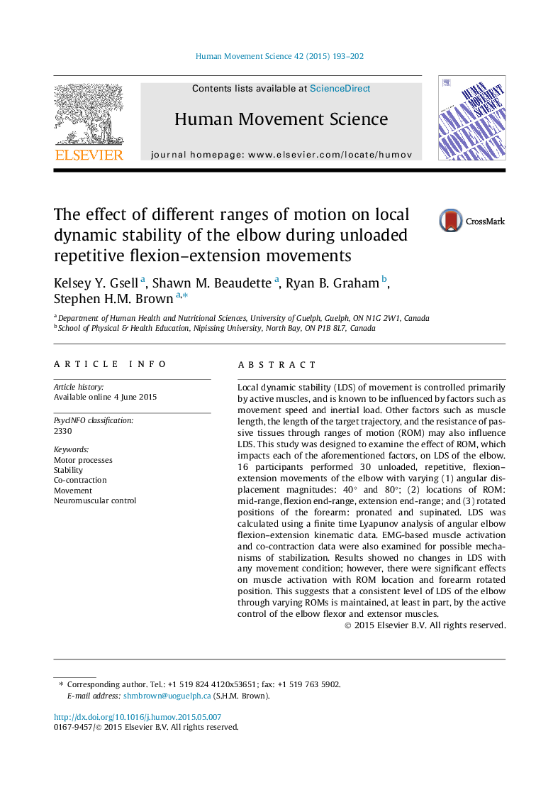 The effect of different ranges of motion on local dynamic stability of the elbow during unloaded repetitive flexion–extension movements