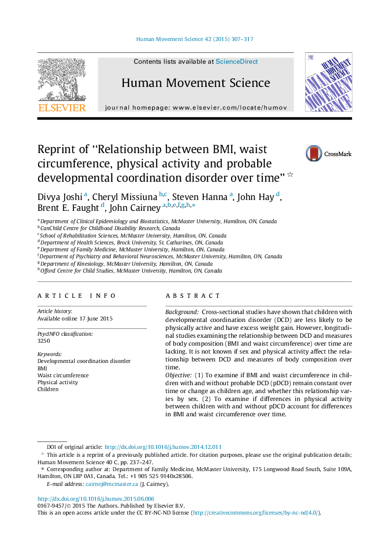 Reprint of “Relationship between BMI, waist circumference, physical activity and probable developmental coordination disorder over time” 