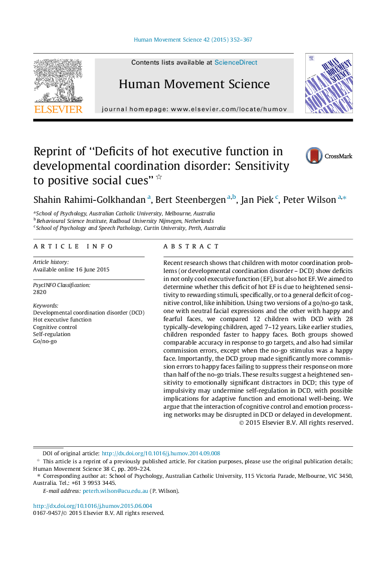 Reprint of “Deficits of hot executive function in developmental coordination disorder: Sensitivity to positive social cues” 