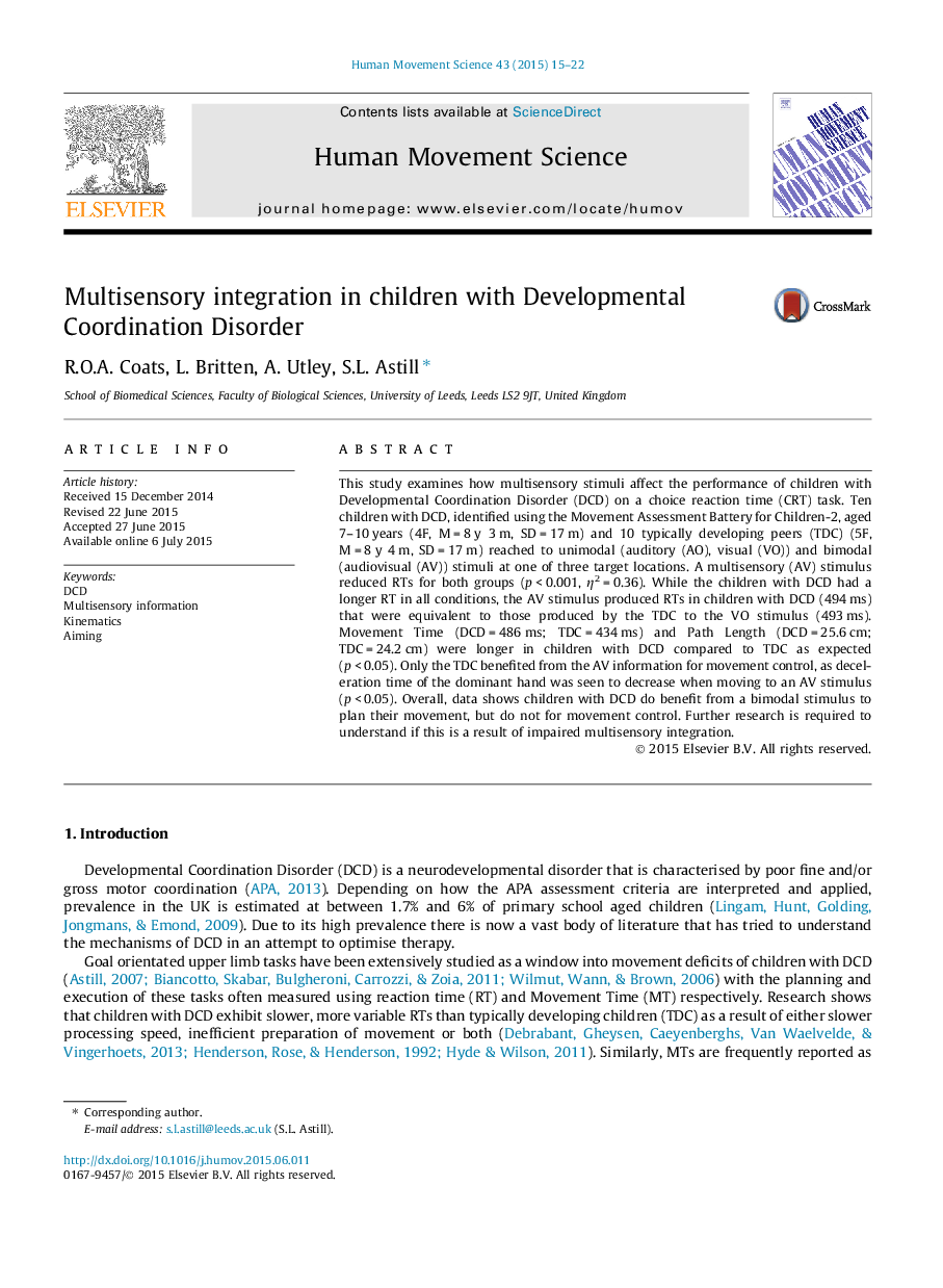 Multisensory integration in children with Developmental Coordination Disorder