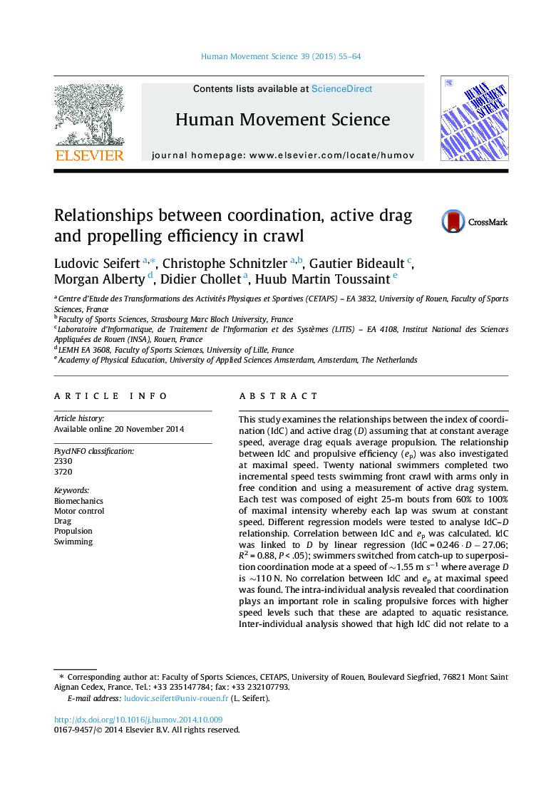 Relationships between coordination, active drag and propelling efficiency in crawl