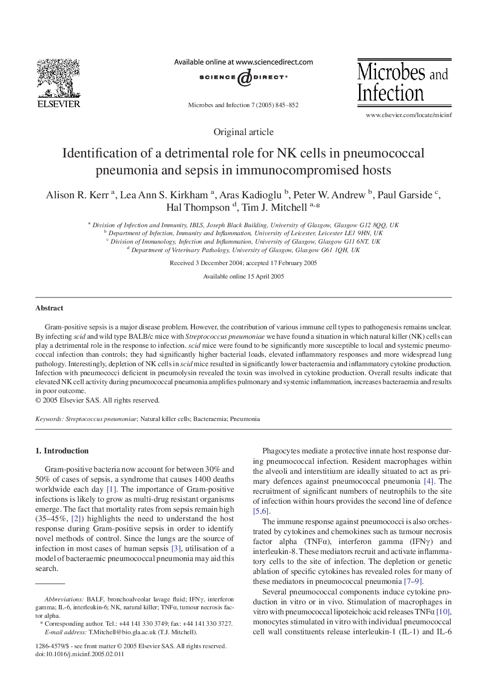 Identification of a detrimental role for NK cells in pneumococcal pneumonia and sepsis in immunocompromised hosts