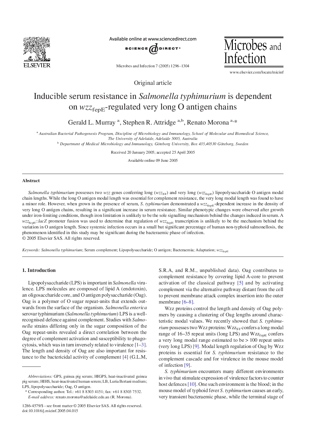 Inducible serum resistance in Salmonella typhimurium is dependent on wzzfepE-regulated very long O antigen chains