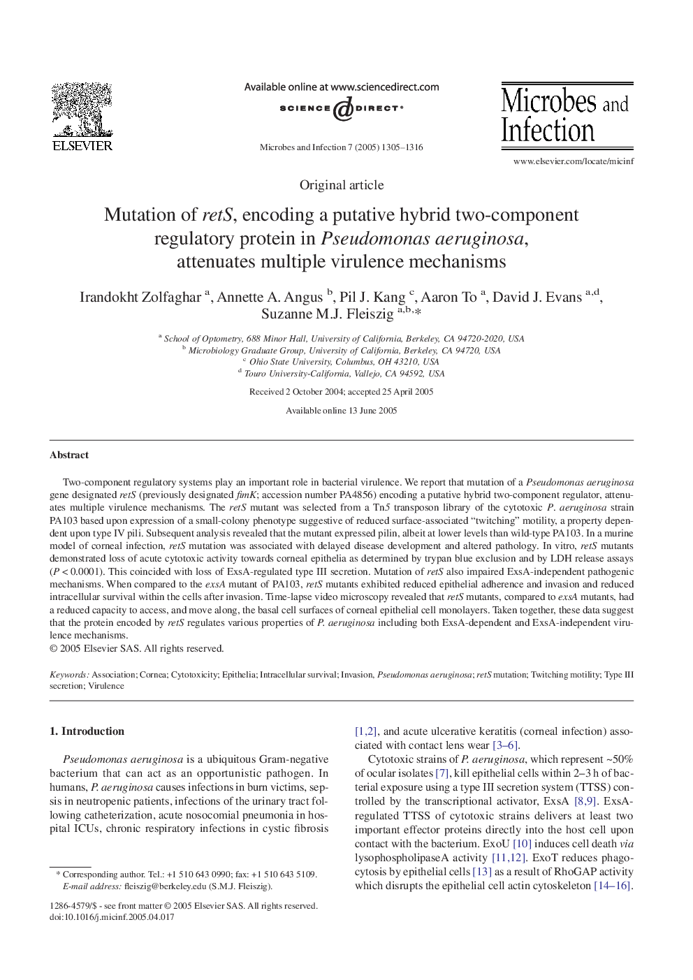 Mutation of retS, encoding a putative hybrid two-component regulatory protein in Pseudomonas aeruginosa, attenuates multiple virulence mechanisms